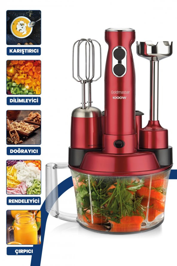 Goldmaster Elenamax Vişne Kırmızı 1000 Watt Hız Ayarlı 100 Bakır Motor 5 In 1 Mutfak Robotu Multi Blender Seti - 1