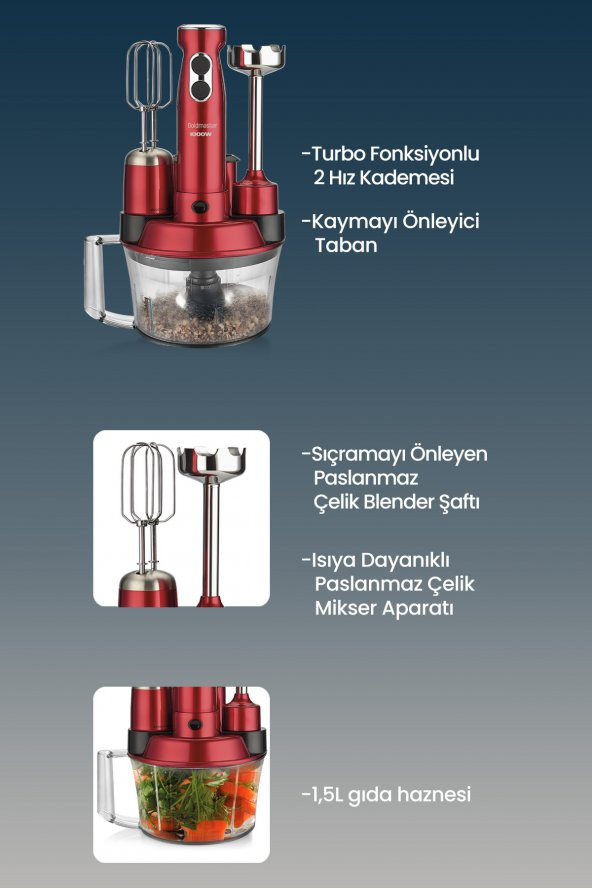 Goldmaster Elenamax Vişne Kırmızı 1000 Watt Hız Ayarlı 100 Bakır Motor 5 In 1 Mutfak Robotu Multi Blender Seti - 2