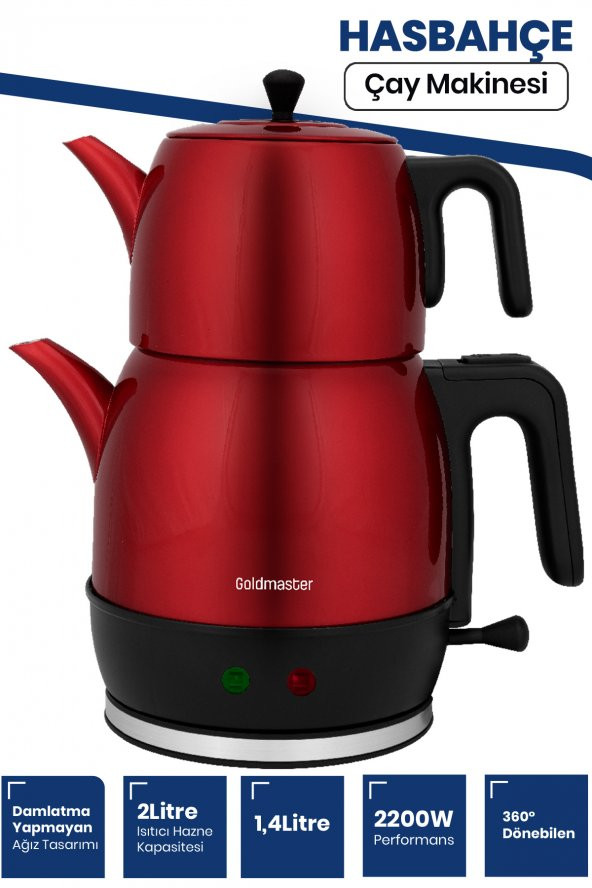 Goldmaster Hasbahçe XL Geniş Hazneli Damlatmaz Paslanmaz Çelik Çay Makinesi ve Su Isıtıcısı Kırmızı