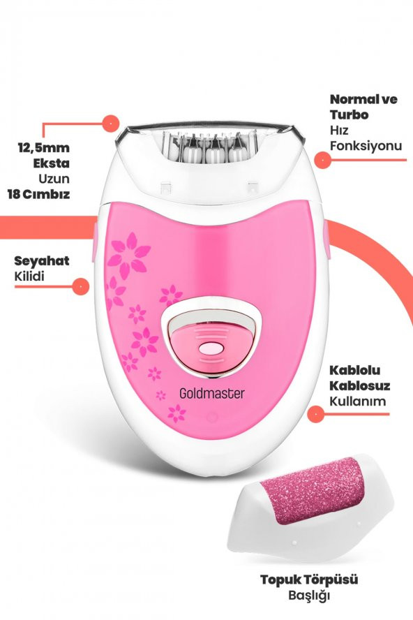 Goldmaster Linda Şarjlı 2 in 1  Epilatör ve Topuk Törpüsü Seti Epilasyon Cihazı Pembe GM7159P - 4