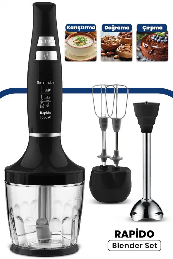 Goldmaster Rapido 1500W Paslanmaz Çelik Güçlü Motorlu Turbo Hız Ayarlı 3in1 Blender Set GM7265