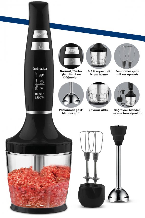 Goldmaster Rapido 1500W Paslanmaz Çelik Güçlü Motorlu Turbo Hız Ayarlı 3in1 Blender Set GM7265 - 2
