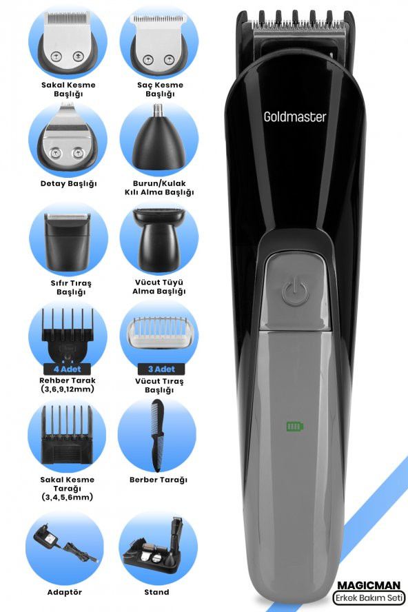 Goldmaster Magicman Saç ve Sakal Vücut Tıraş Makinesi 17 in1 Standlı Adaptörlü Full Erkek Bakım Seti