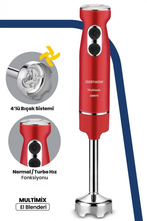 Goldmaster Multimix Kırmızı 1000 Watt 4 Bıçaklı Paslanmaz Çelik Turbo Hız Ayarlı El Blender