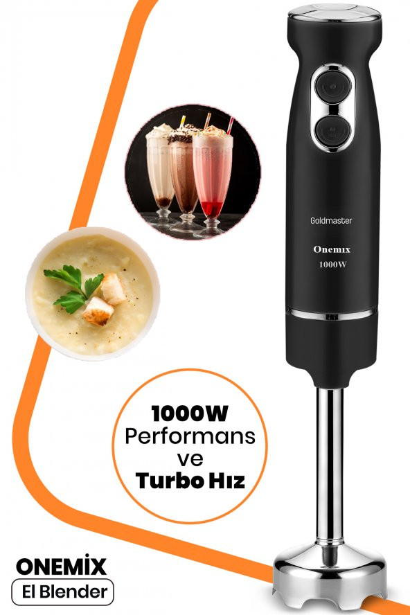 Goldmaster Onemix Siyah 1000 Watt Hız Ayarlı 4 Bıçaklı Paslanmaz Çelik El Blender - 1