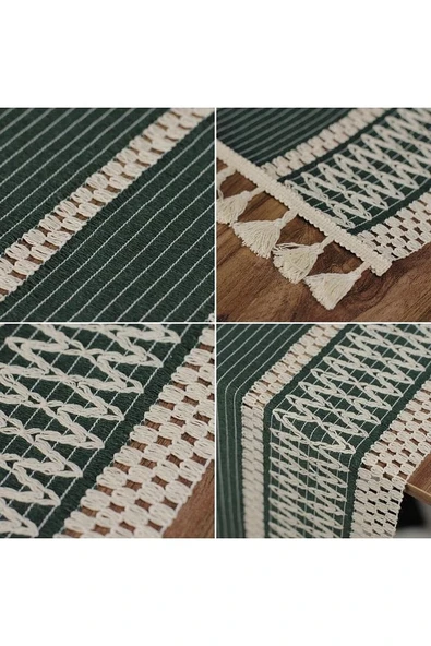 Yeşil Örme Runner Organik Pamuk Dantel Örme Püsküllü Runner 35x145 Cm Regina Runner Masa Örtüsü - 2