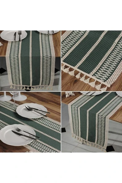 Yeşil Örme Runner Organik Pamuk Dantel Örme Püsküllü Runner 35x145 Cm Regina Runner Masa Örtüsü - 3