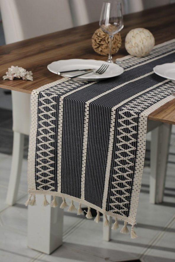 Örme Lacivert Runner , Püsküllü Organik Pamuk Dantel Örme Runner 35x155 Cm Regina Runner Örtüsü