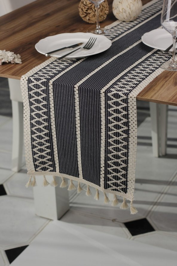 Örme Lacivert Runner , Püsküllü Organik Pamuk Dantel Örme Runner 35x155 Cm Regina Runner Örtüsü - 2