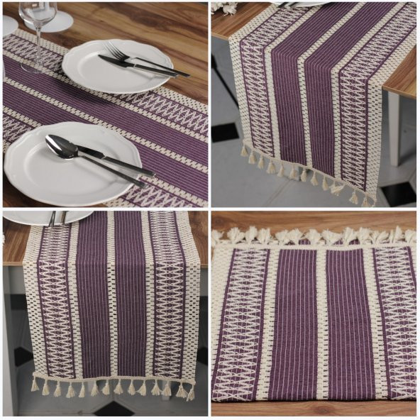 Dantel Mor Runner Püsküllü Organik Pamuk 35x155 Cm Regina Runner Masa Sunum Örtüsü Ham Pamuk Runner - 2