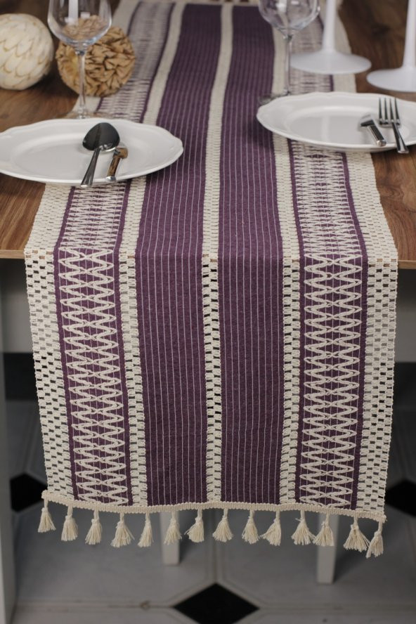 Dantel Mor Runner Püsküllü Organik Pamuk 35x155 Cm Regina Runner Masa Sunum Örtüsü Ham Pamuk Runner - 3
