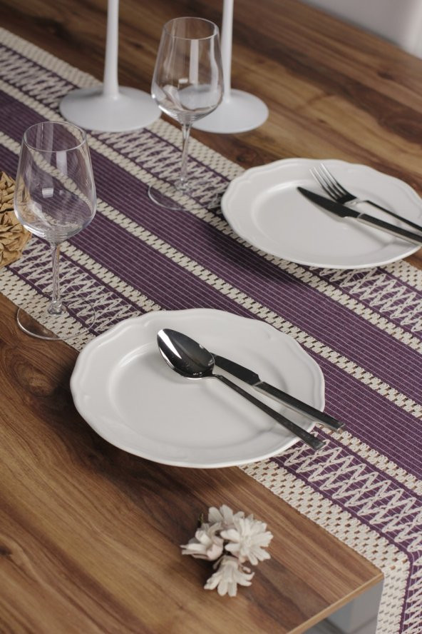 Dantel Mor Runner Püsküllü Organik Pamuk 35x155 Cm Regina Runner Masa Sunum Örtüsü Ham Pamuk Runner - 4