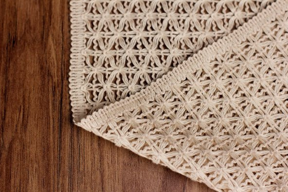 Örme Runner Krem Runner Ham Pamuk Dantel Örme Püsküllü Runner 35x155 Cm Krem Pamuk Runner Liana - 4