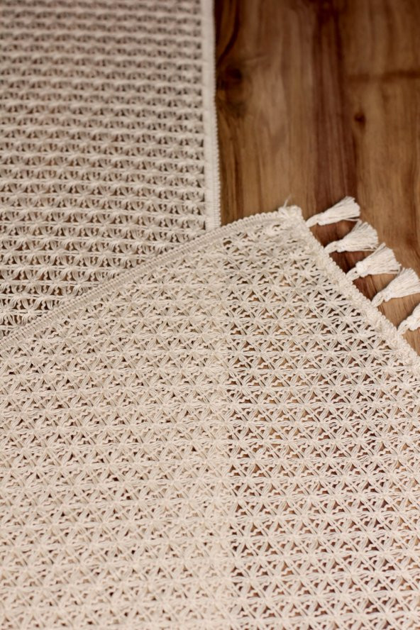 Örme Runner Krem Runner Ham Pamuk Dantel Örme Püsküllü Runner 35x155 Cm Krem Pamuk Runner Liana - 5