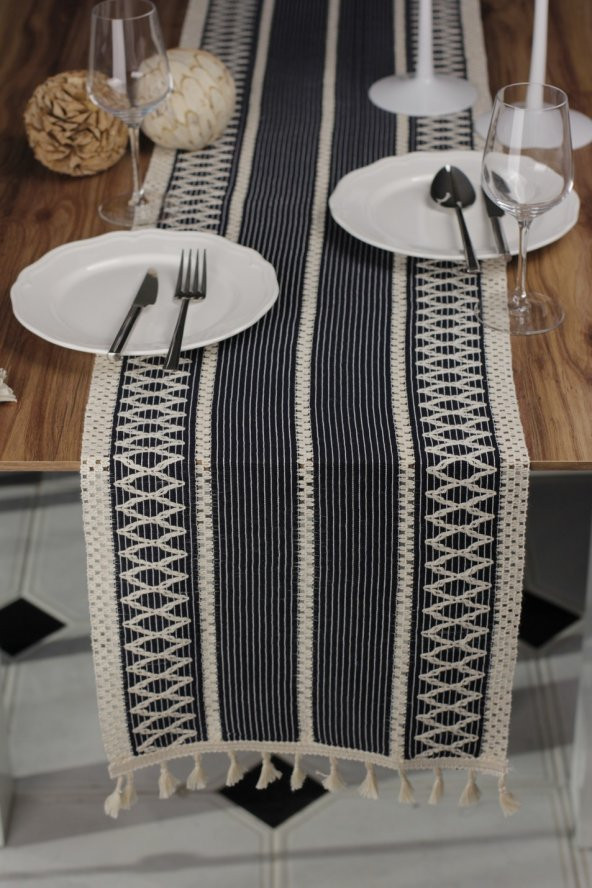 Örme Lacivert Runner , Püsküllü Organik Pamuk Dantel Örme Runner 35x155 Cm Regina Runner Örtüsü - 4