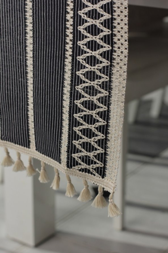 Örme Lacivert Runner , Püsküllü Organik Pamuk Dantel Örme Runner 35x155 Cm Regina Runner Örtüsü - 5