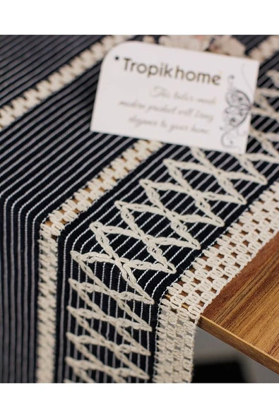 Örme Lacivert Runner , Püsküllü Organik Pamuk Dantel Örme Runner 35x155 Cm Regina Runner Örtüsü - 4