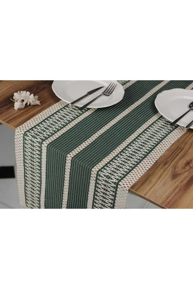 Yeşil Örme Runner Organik Pamuk Dantel Örme Püsküllü Runner 35x145 Cm Regina Runner Masa Örtüsü - 6