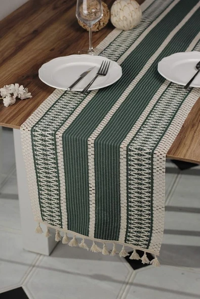 Yeşil Örme Runner Organik Pamuk Dantel Örme Püsküllü Runner 35x145 Cm Regina Runner Masa Örtüsü
