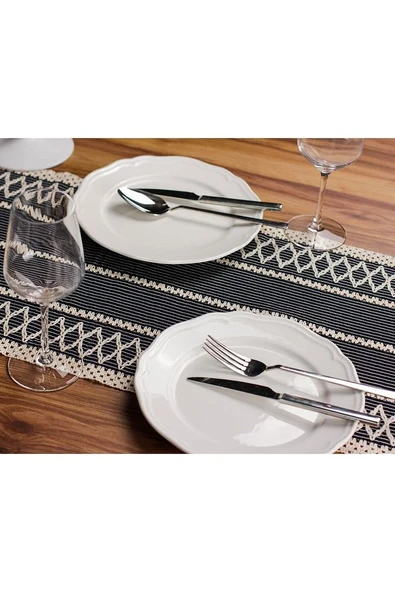 Örme Lacivert Runner , Püsküllü Organik Pamuk Dantel Örme Runner 35x155 Cm Regina Runner Örtüsü - 3