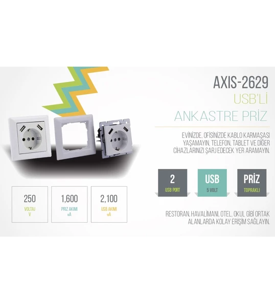 Axis Sıva Altı Topraklı Priz 16A + 2 USB 2,3A - 3