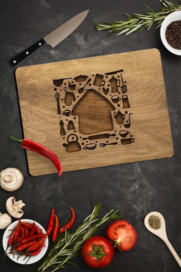 29x34 cm Ahşap Ev Desenli Cam Kesme Tablası/Tahtası