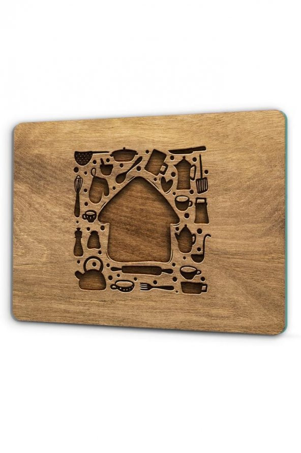 29x34 cm Ahşap Ev Desenli Cam Kesme Tablası/Tahtası - Resim 3