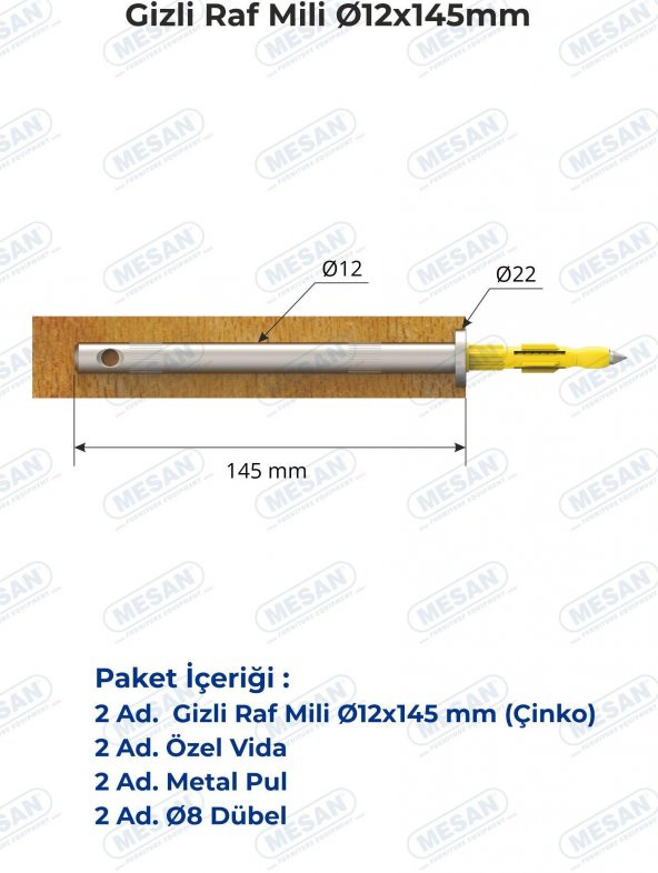 Mesan Gizli Raf Taşıyıcı 12x145mm Ahşap (0029) - Resim 5
