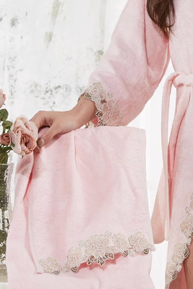 Bambu Bayan Balayı Seti Cemre Dantelli Kadın Bornoz Seti 3 Parça Çeyiz Seti - 3