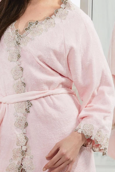 Bambu Bayan Balayı Seti Cemre Dantelli Kadın Bornoz Seti 3 Parça Çeyiz Seti - 2