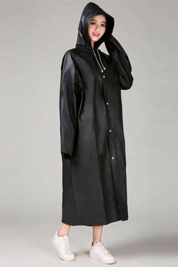 Kadın Erkek Yağmurluk Kapüşonlu Çıtçıtlı Eva Siyah Yağmurluk - 2