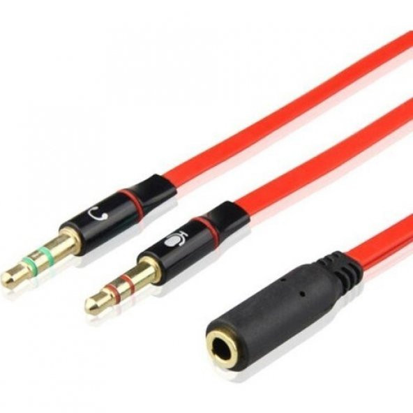 3.5 Mm Aux Kulaklık Mikrofon Dönüştürücü Birleştirici Kablo - Kırmızı