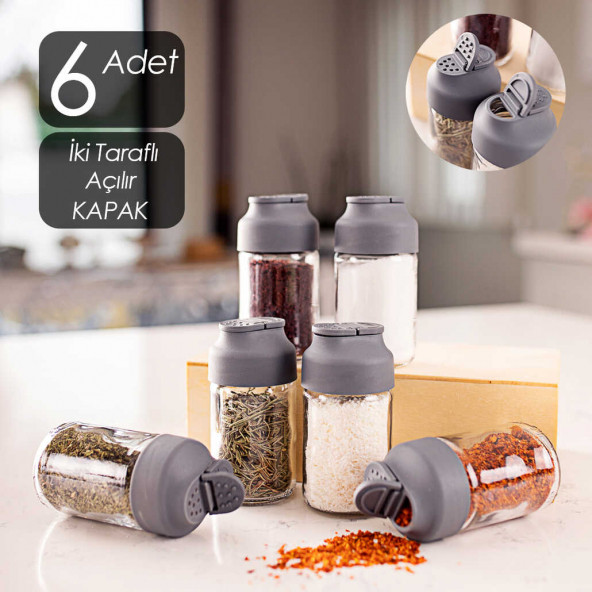 Porsima Çift Kapaklı Mini Cam 6'lı Baharatlık Seti - Cam Tuzluk & Biberlik - Mini Baharatlık Takımı
