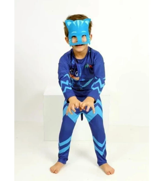 Baskılı Pijamaskeliler Kedi Çocuk Kostümü Maskesi ile... - 2