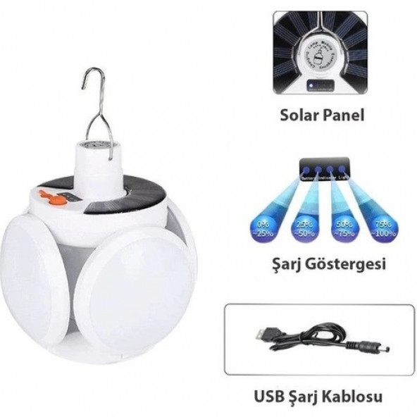 Solar Güneş Enerji ve USB Sarjlı 5 Kanatlı Bahçe Aydınlatma LED Askılı Pratik Kamp Lamba D10 - 3