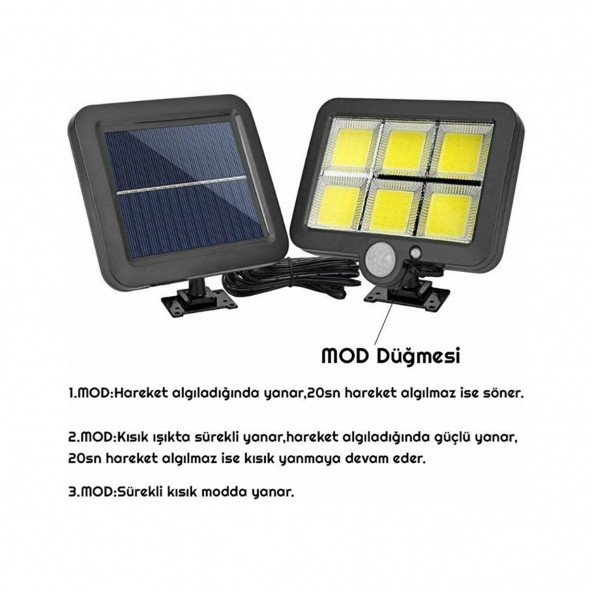 120 Cob Led Solar Panel Güneş Enerjili 3 Mod Duvar Lambası Bahçe D11 - 5
