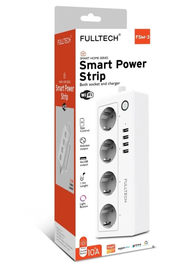 Fulltech Telefon Kontrol Smart Power 4 lü 1.5 mt Kablolu Priz Wifi Özelliği FSM3