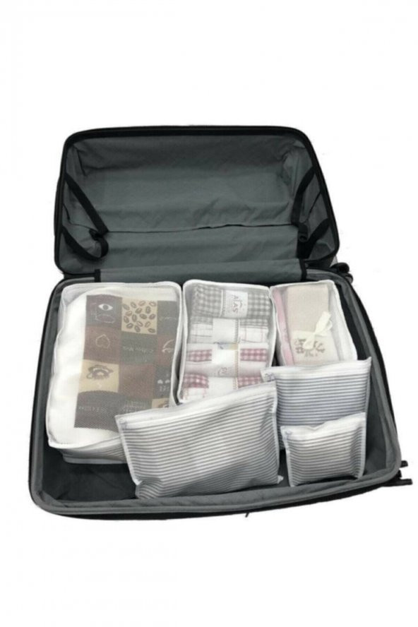 6lı Set Bavul Içi Düzenleyici, Bavul Organizer, Valiz Düzenleyici - Gri Çizgili - 2