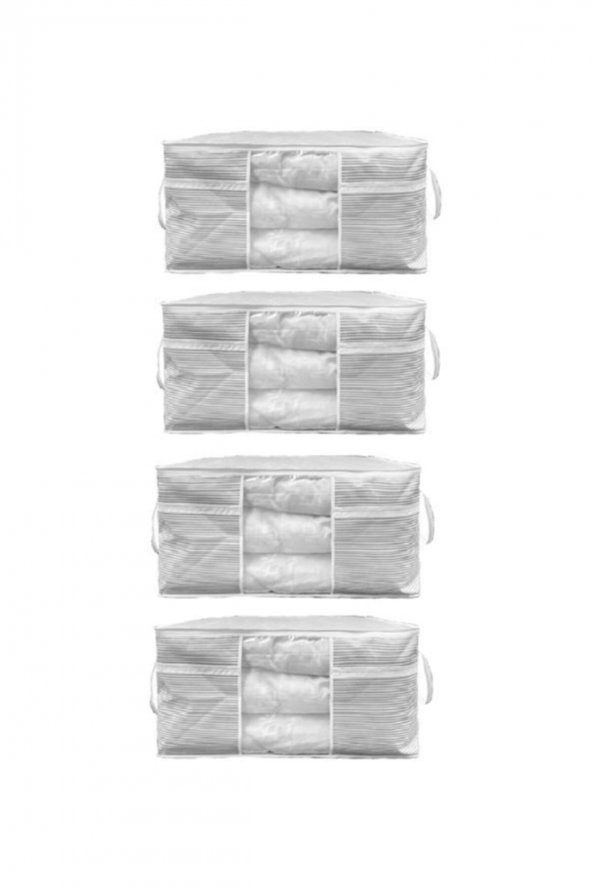 4 Adet - Sandık Tipi Hurç Maxi - Yastık&yorgan Vb. Hurcu 75x40x40 - Leke Tutmaz Çizgili Model - Gri