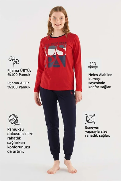 U.s Polo Assn 16840 Kadın Uzun Kol Yazı Baskılı Pijama Takım - 4