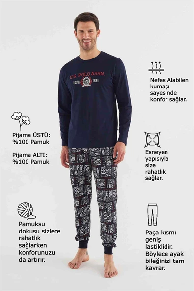 U.s Polo Assn 18634 Erkek Yuvarlak Yaka Uzun Kollu Pijama Takımı - 7