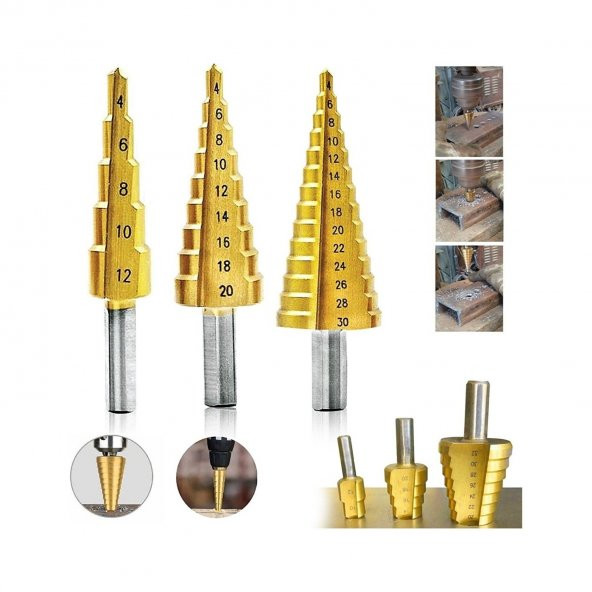 3lü Kademeli Matkap Ucu Sac Delme Seti 3 Parça Kademeli Uç Paslanmaz