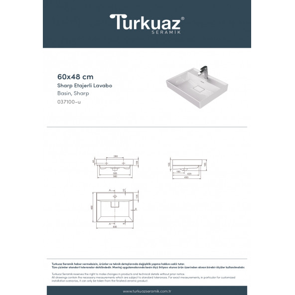 Cerastyle Turkuaz Sharp Etajerli Lavabo 60x48 Cm - 6