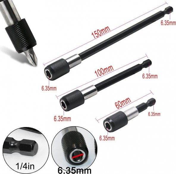 Hızlı Vidalama Adaptörü Bit Vidalama Uzatma Aparatı Manyetik Altıgen 1/4 Hex Bits Şaftlı 3 Parça - 5