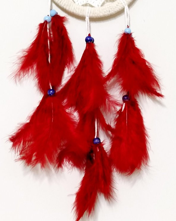 Kırmızı Kuş Tüylü Dream Catcher El Yapımı Düş Kapanı Duvar Süsü - Resim 3
