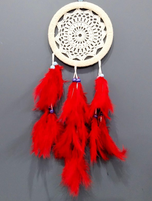 Kırmızı Kuş Tüylü Dream Catcher El Yapımı Düş Kapanı Duvar Süsü - Resim 4