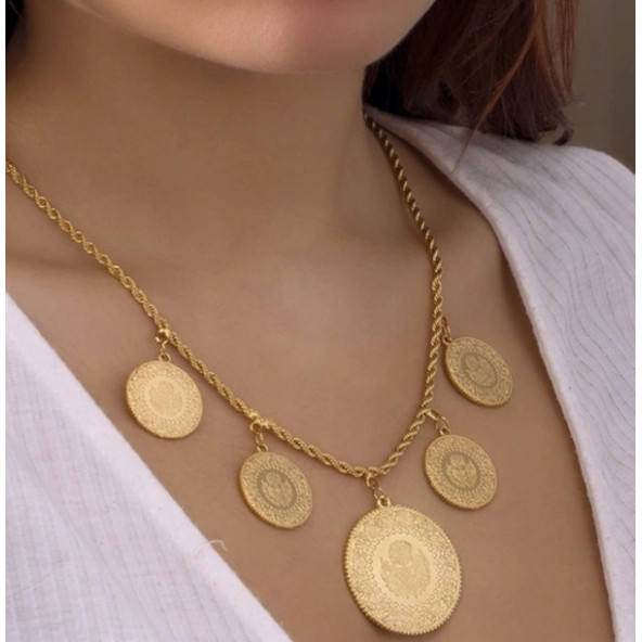 Gerçek Altın Görünümlü Beşibir Yerde 1. Kalite imitasyon Kolye (Halat Zincirli) ürün görseli