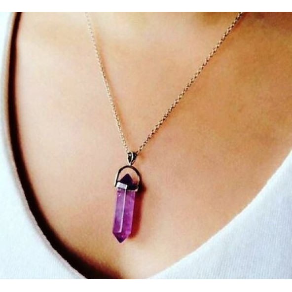 Ametist Mor Doğal Taş Erkek& Kadın Kolye Deri Zincir - 3