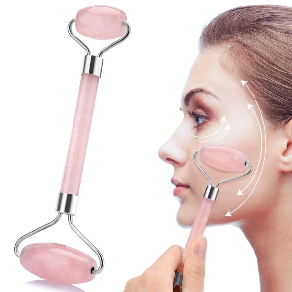 Jade Roller Pembe Yüz Masaj Aleti Cilt Yenileme Doğal Kuvars Taşı - 2