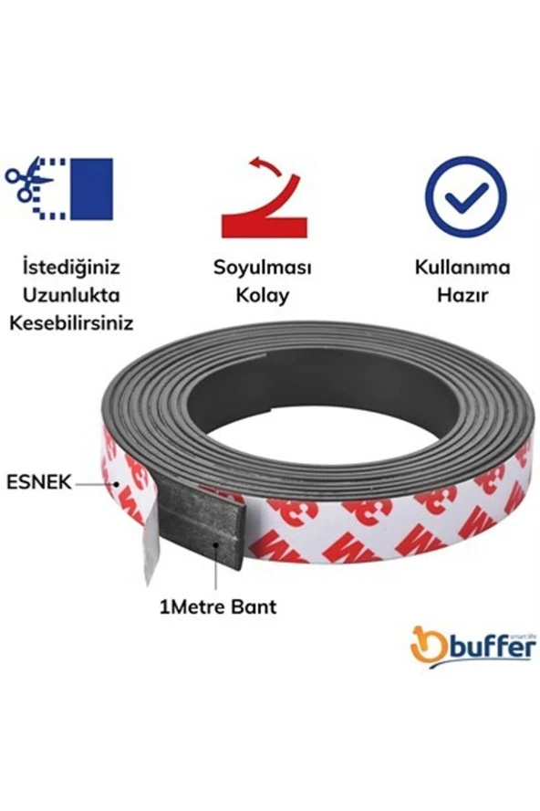 Contacall Yapışkanlı Şerit Mıknatıs Magnet Kes Kullan  Siyah Genişlik 9 mm Kalınlı 1,8 mm 1 Metre